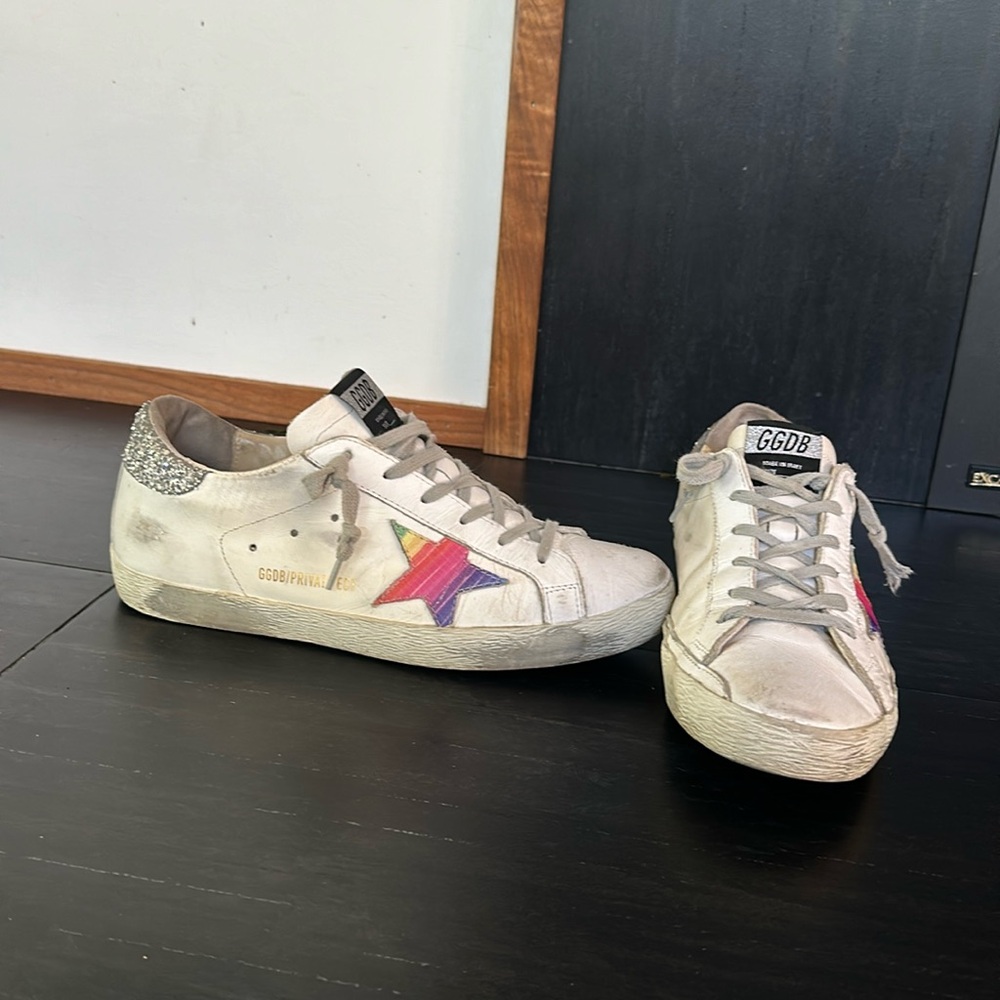 Golden Goose Womens Private Edition Superstar Silver Glitter Sneakers SZ 40